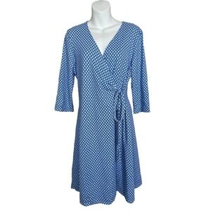 Fresh Produce Jersey Faux Wrap Dress Size L Blue Turquoise Batik 3/4 Sleeve